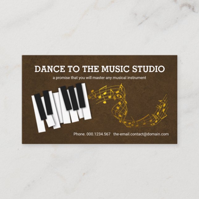 Elegant Brown Grunge Piano Keys Gold Music Notes Business Card (Front)