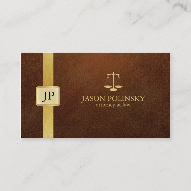 Elegant Brown Leather and Gold Attorney At Law Business Card (Front)