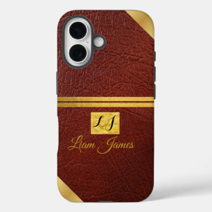 Elegant brown leather gold monogram phone case