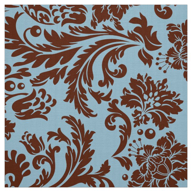 Elegant Brown & Light Blue Floral Damasks Fabric (Swatch)