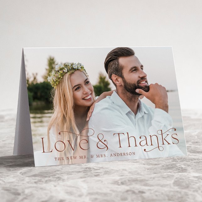 Elegant Brown Love and Thanks Wedding Photo Thank You Card (Creator Uploaded)