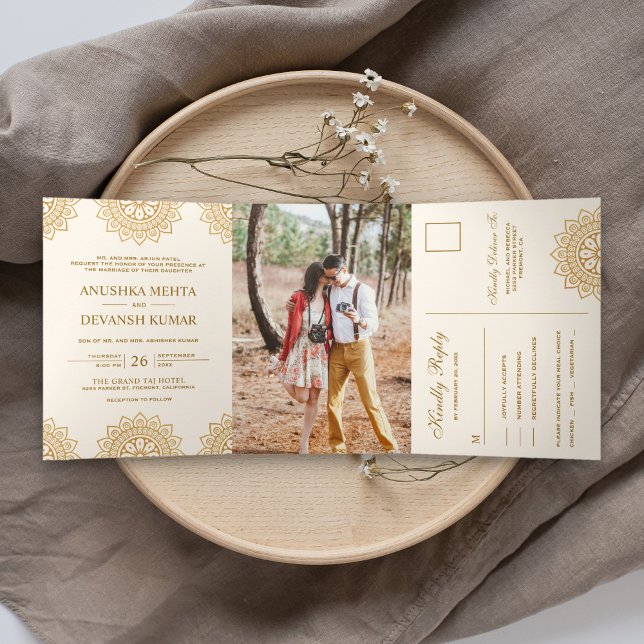 Elegant Brown Mandala Traditional Indian Wedding Tri-Fold Invitation (Creator Uploaded)