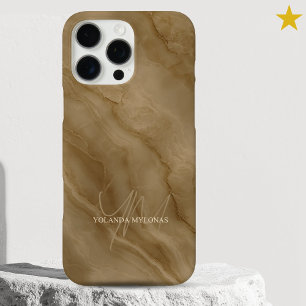 Elegant Brown Marble Custom Name Monogrammed iPhone 16 Pro Max Case