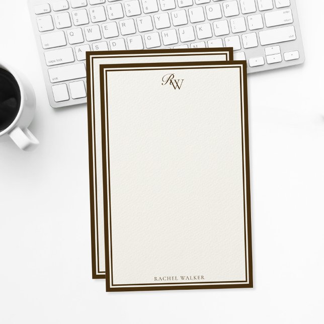 Elegant Brown Monogram Two Border Stationery (Creator Uploaded)