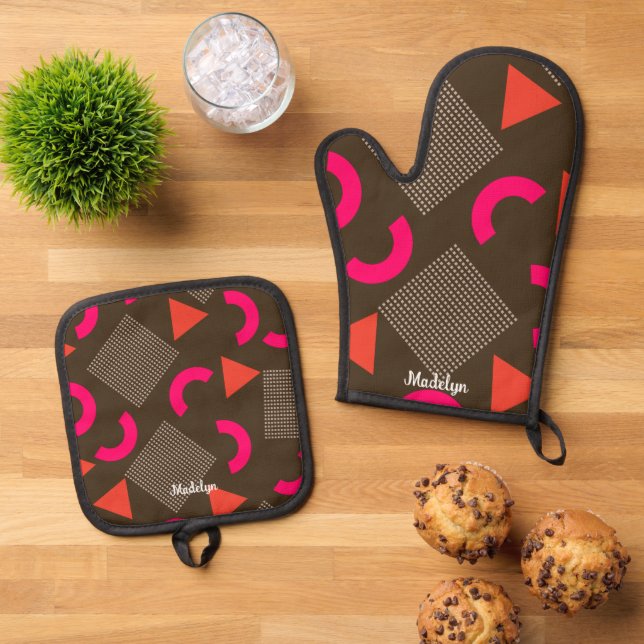 Elegant Brown Orange Geometric Personalized Name  Oven Mitt & Pot Holder Set (Top Down)