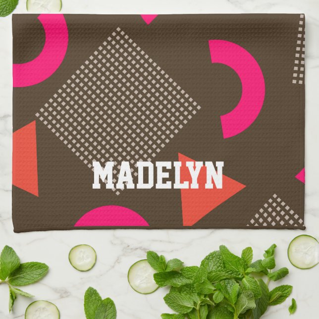 Elegant Brown Orange Geometric Personalized Name  Tea Towel (Folded)