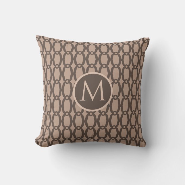 Elegant Brown Oval Pattern & Monogram on Beige Cushion (Front)
