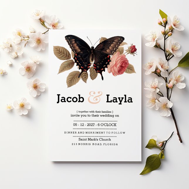 Elegant brown pink butterfly floral wedding invitation (Elegant brown pink butterfly floral wedding)