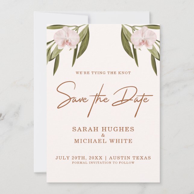 Elegant Brown Pink Green Orchid Boho Wedding Save The Date (Front)