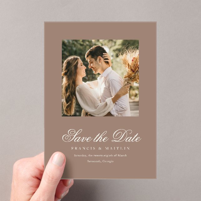 Elegant Brown Romantic Photo Wedding Save the Date Acrylic Invitations (Insitu (Handheld))