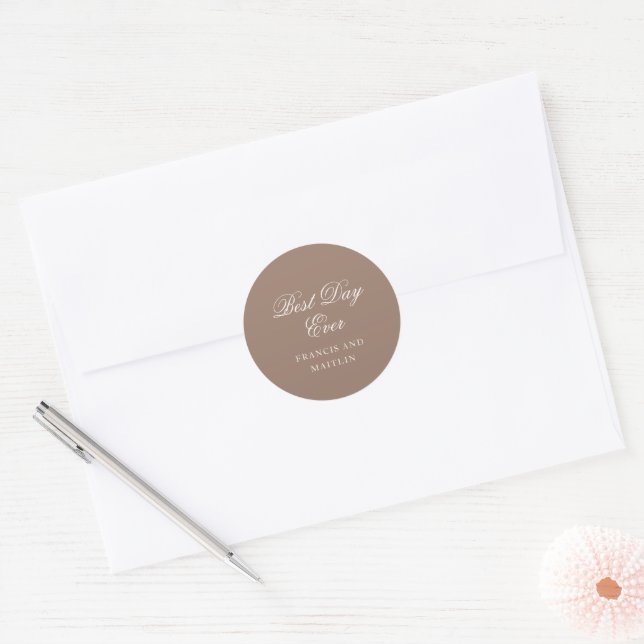 Elegant Brown Romantic Wedding Classic Round Sticker (Envelope)