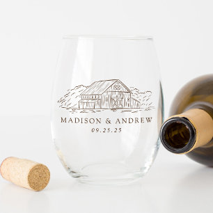 Elegant Brown Rustic Barn Personalised Wedding Stemless Wine Glass