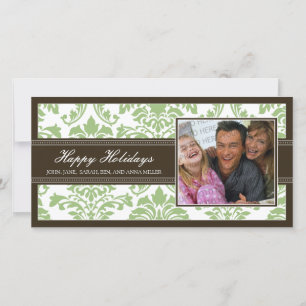Elegant Brown & Sage Damask Custom Happy Holidays Holiday Card