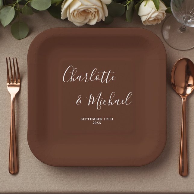 Elegant Brown Script Minimalist Wedding Paper Plate (Creator Uploaded)