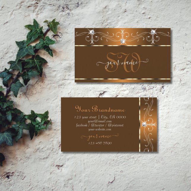 Elegant Brown Squiggles Sparkle Diamonds Initials Business Card (Creator Uploaded)