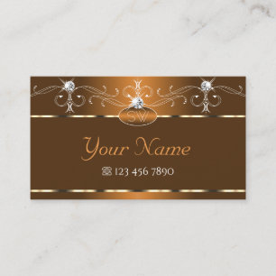 Elegant Brown Squiggles Sparkle Diamonds Monogram Business Card