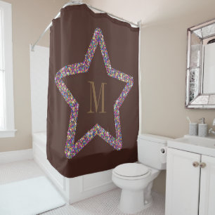 Elegant brown star glitter monogram  shower curtain