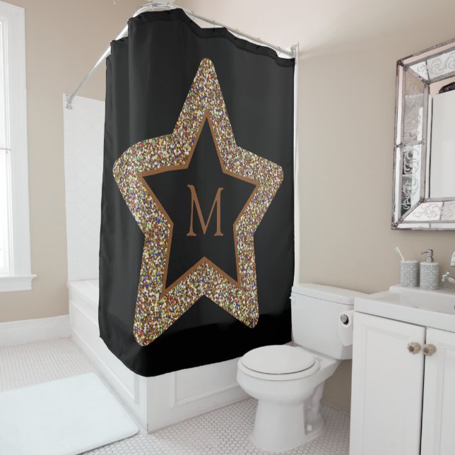 Elegant brown star glitter monogram  shower curtain (In Situ)