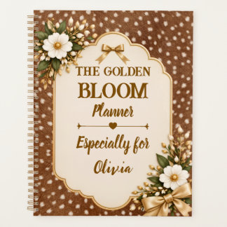 Elegant Brown Suede Floral Gold Custom Name Planner