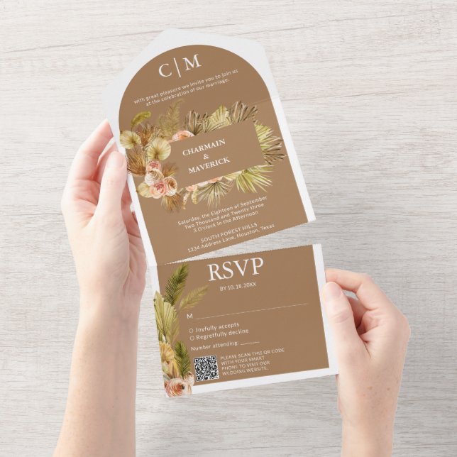 Elegant Brown Sugar Monogram QR Code Arch Wedding All In One Invitation (Tearaway)