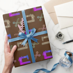 Elegant Brown Tailor's Sewing Machine Scissors Wrapping Paper