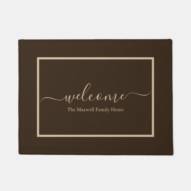Elegant brown taupe script family name welcome  doormat (Front)