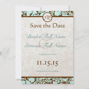 Elegant Brown Vintage Damask on Light Aqua Blue Invitation