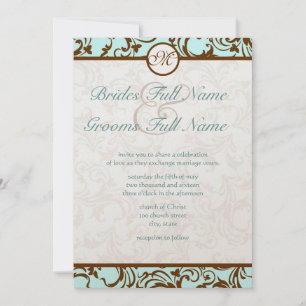Elegant Brown Vintage Damask on Light Aqua Blue Invitation