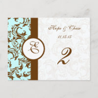 Elegant Brown Vintage Damask on Light Aqua Blue