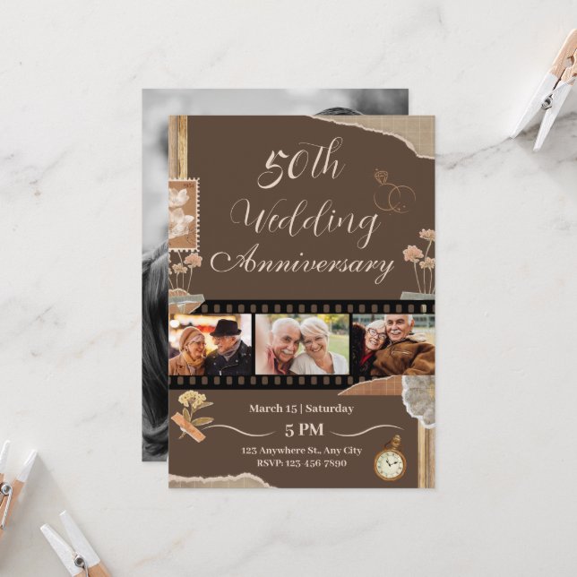 Elegant Brown Vintage Floral Wedding Anniversary  Invitation (Front/Back In Situ)