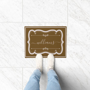 Elegant Brown White Custom Decorated Script Name Doormat