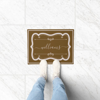 Elegant Brown White Custom Decorated Script Name Doormat