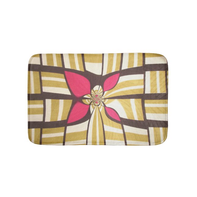 Elegant Brown white ivory floral Diamond Stripes Bath Mat (Front)