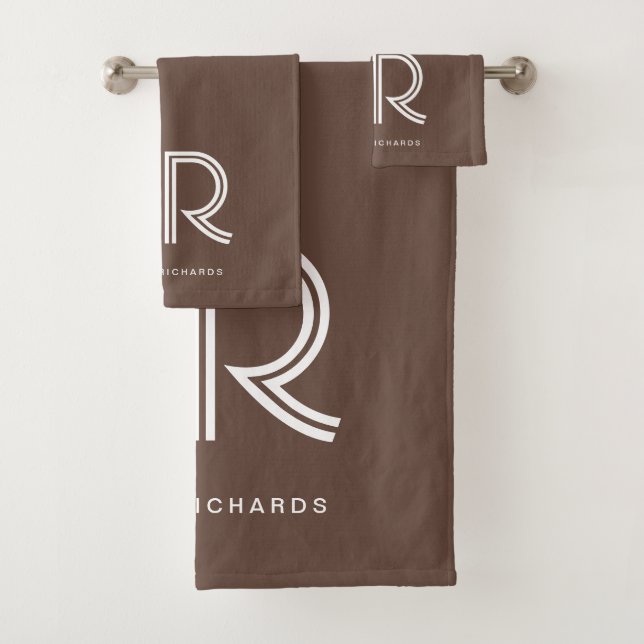 Elegant brown white monogram name  bath towel set (Insitu)