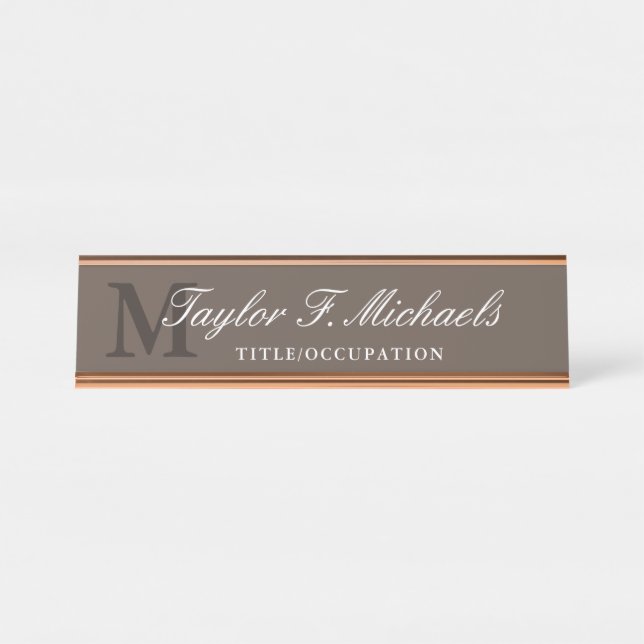 Elegant Brown White Monogram & Name Desk Name Plate (Front)
