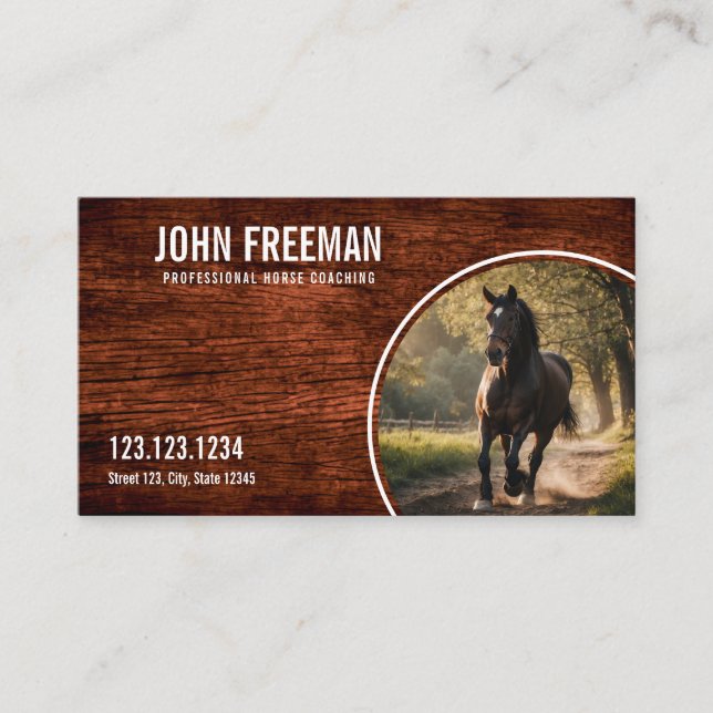 Elegant Brown Wood Texture Horse Photo Equine Business Card (Front)