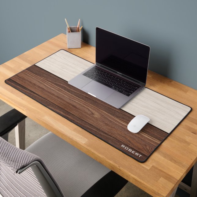 Elegant Brown Wood Texture Modern Style Monogram Desk Mat (Office 2)