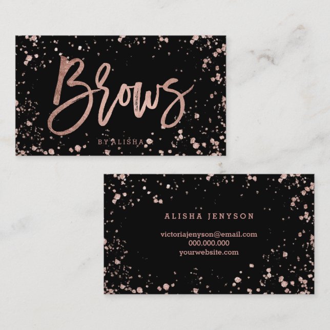 Elegant brows script rose gold confetti splatters business card (Front/Back)