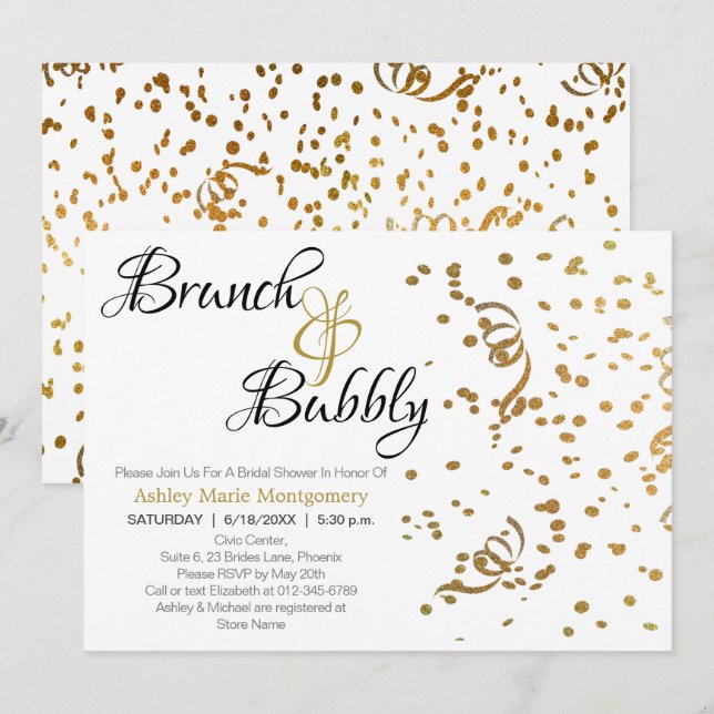 Elegant Brunch Bubbly Bridal Shower Gold Confetti Invitation (Front/Back)