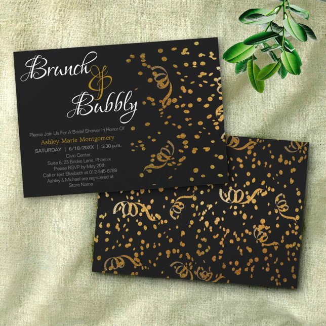 Elegant Brunch Bubbly Bridal Shower Gold Confetti Invitation (view of the brunch and bubbly front template text design and the back)