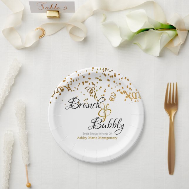 Elegant Brunch Bubbly Bridal Shower Gold Confetti Paper Plate (Wedding)