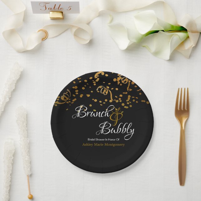 Elegant Brunch Bubbly Bridal Shower Gold Confetti Paper Plate (Wedding)