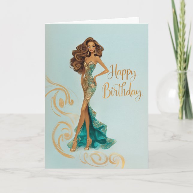Elegant Brunette in Gold Teal Fashionista BDay Card (Front)