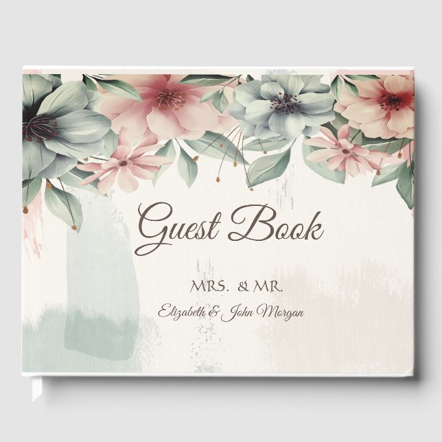 Elegant Brush Stroke,Floral Wedding Guest Book (Front)