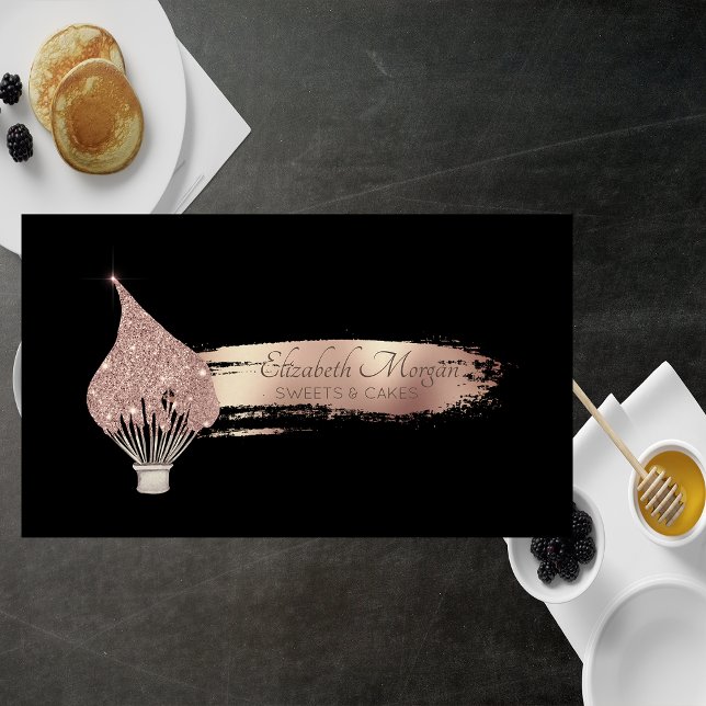 Elegant Brush Stroke Glitter Whisk Sweets Black Business Card (Creator Uploaded)