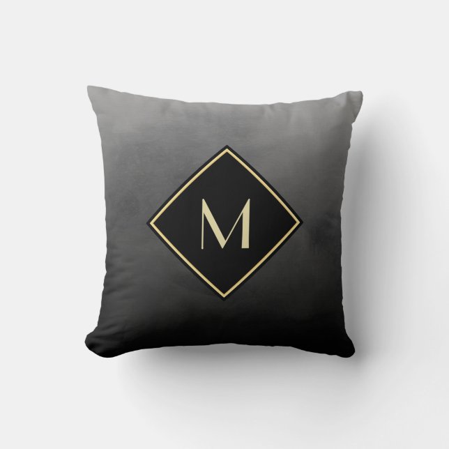 Elegant Brushed Black With Simple Gold Monogram Cushion (Front)