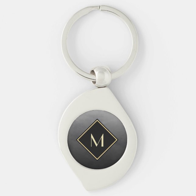 Elegant Brushed Black With Simple Gold Monogram Key Ring (Front)