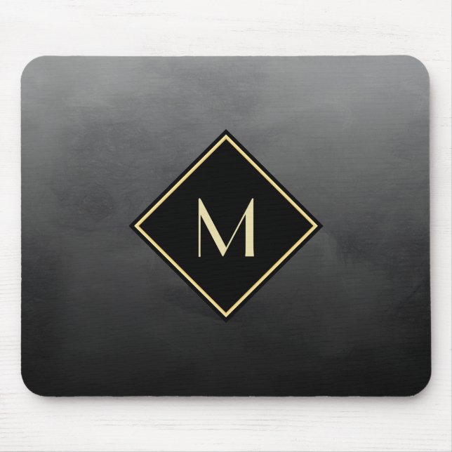 Elegant Brushed Black With Simple Gold Monogram Mouse Mat (Front)