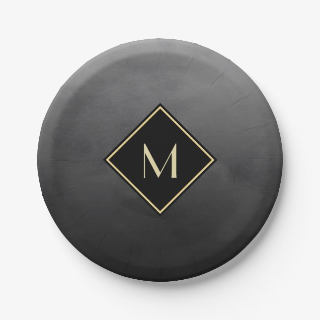 Elegant Brushed Black With Simple Gold Monogram Paper Plate (Front)