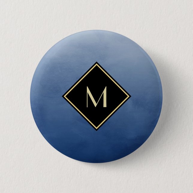 Elegant Brushed Blue With Simple Gold Monogram 6 Cm Round Badge (Front)